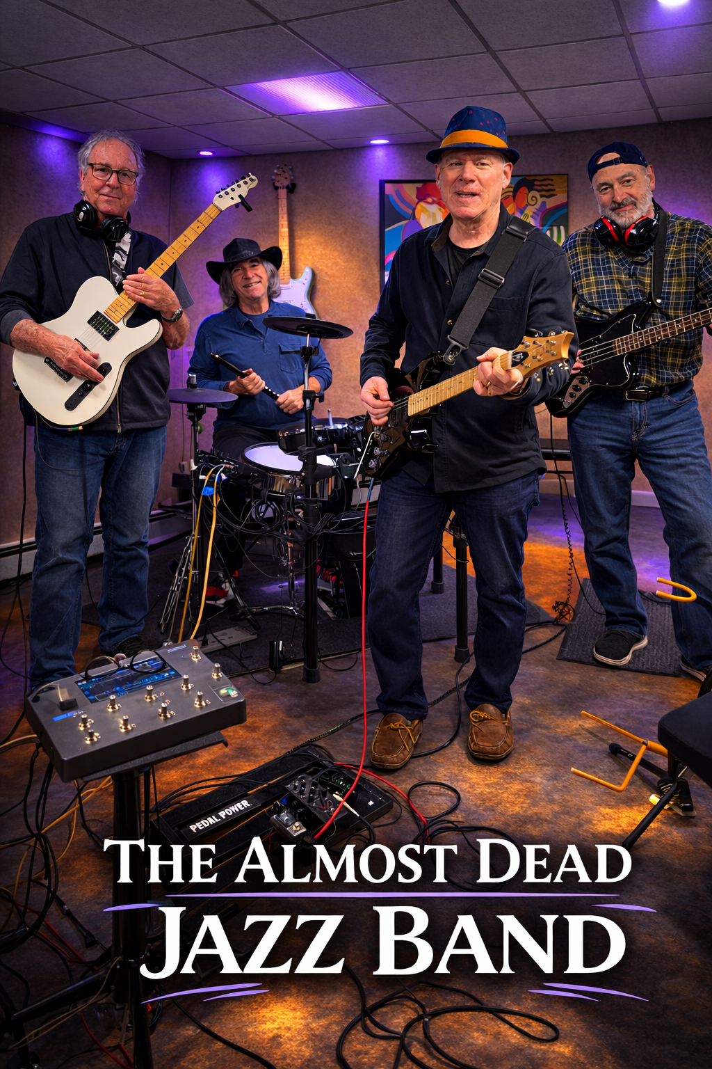 All four members of Almost Dead Jazz performing with guitars, bass, and drums